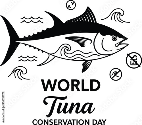 World Tuna Conservation Day illustration with a hand drawn fish symbol and ocean wave icons for environmental awareness