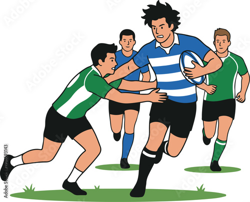 Rugby match scene with a player running with the ball while opponents attempt to tackle, showing action, teamwork, and competitive sports dynamics.