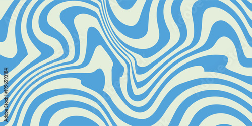 A flowing, abstract pattern with blue and cream wavy lines creates a visually dynamic design.