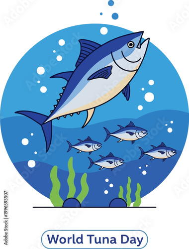 A school of blue tuna fish swimming underwater in the deep blue ocean for World Tuna Day celebration event icon design