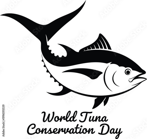 Black and white tuna fish illustration for World Tuna Conservation Day with simple graphic design style