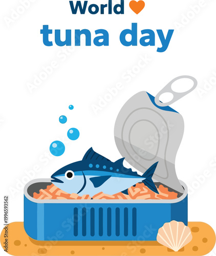World Tuna Day illustration with a cute fish inside an open metal food can with bubbles and heart icon for celebration