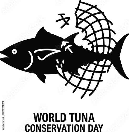 Black silhouette of a tuna fish caught in a fishing net for World Tuna Conservation Day graphic design element