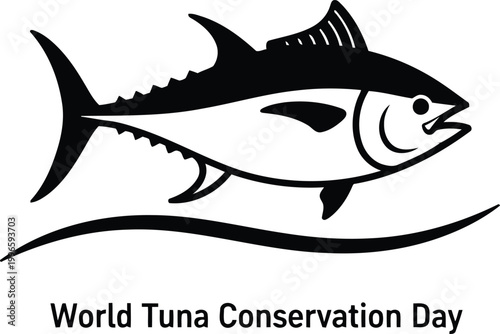 Black and white icon of a tuna fish swimming for World Tuna Conservation Day event