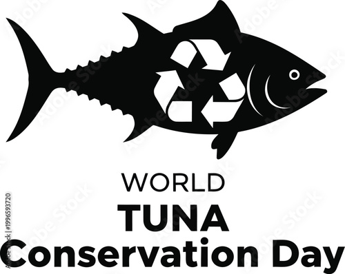 World Tuna Conservation Day illustration with a black fish silhouette and a recycling symbol inside