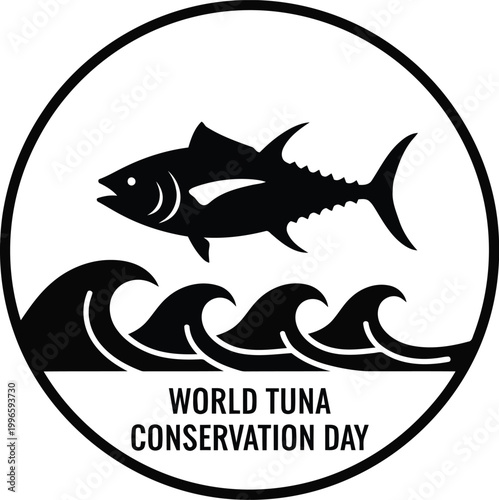 World Tuna Conservation Day emblem with a black silhouette of a fish jumping over ocean sea waves in a circle