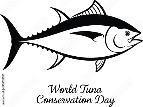 Black and white tuna fish illustration for World Tuna Conservation Day with simple line art design