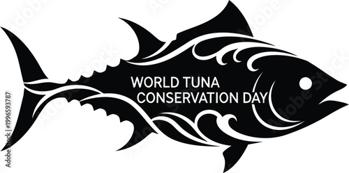 Black silhouette of a tuna fish with decorative tribal patterns for World Tuna Conservation Day event poster design