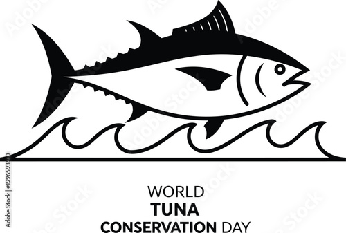 Black and white icon of a tuna fish jumping over ocean waves for World Tuna Conservation Day awareness campaign