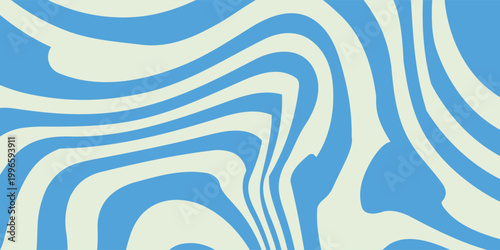 A flowing, abstract pattern with blue and cream wavy lines creates a visually dynamic design.