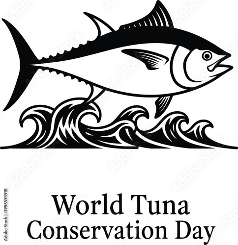 Black and white illustration of a tuna fish jumping over ocean waves for World Tuna Conservation Day event