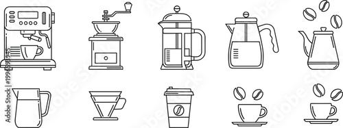 Coffee equipment outline icon set with espresso machine, grinder, french press, kettle and cups, minimal line art collection for cafe vector illustration