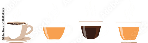 Minimal coffee cups set with different styles of hot beverages, espresso and tea glasses in simple flat vector illustration isolated on white background