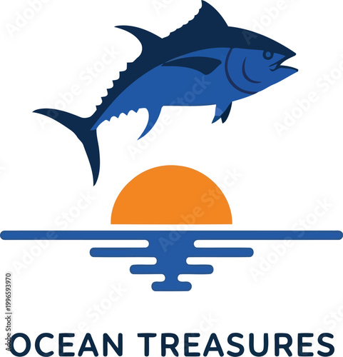 Minimalist logo design featuring a blue tuna fish jumping over an orange sun sunset icon for ocean treasures brand