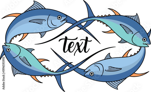 Four blue tuna fish arranged in a circular frame design with a central space for custom text or brand logo