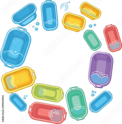 Circular arrangement of colorful plastic basins with water splashes, household washing containers set in round composition, flat vector illustration isolated on white background