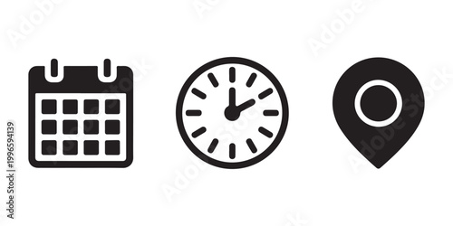 Set of UI icons including calendar clock and location pointer for website navigation or mobile application design.