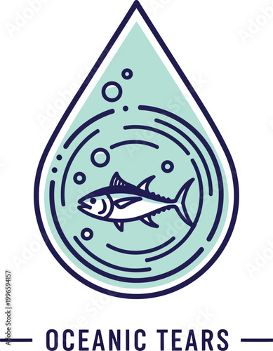 Stylized water drop icon with a tuna fish inside representing oceanic tears and marine life conservation concept