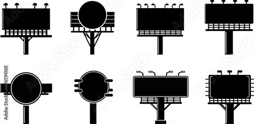 eight urban billboard signs with blank screens flat design vector illustration