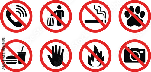 Prohibited icons no mobile phone no littering no smoking no pets no food drink no touch no fire no photography warning symbols