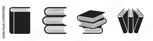 Vector set of various book icons showing single volume stack of books and multiple books arranged on background.