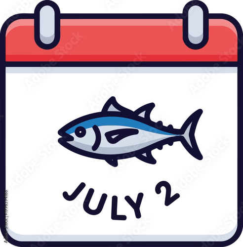 Calendar page icon showing July 2 with a tuna fish illustration for world fishing day or summer seafood event