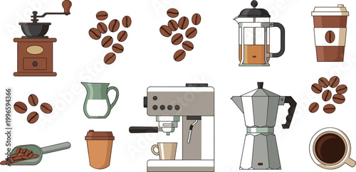 Coffee making equipment set with grinder, espresso machine, french press and moka pot, beans and cups collection in flat vector illustration for cafe design