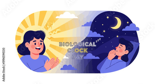 Vector illustration for Biological Clock Day features a split design with a cheerful woman greeting the sun and another sleeping peacefully under the night sky, set against a clean white