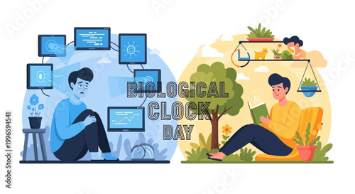 Split-screen vector illustration marking Biological Clock Day with a sad man surrounded by screens showing sleep cycle and a happy man reading a book with a healthy sleep routine in warm