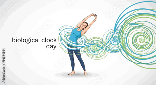 An illustration of a woman performing a stretching exercise, symbolizing the Biological Clock Day, depicted with swirling lines to represent the human biorhythm and circadian rhythm concept