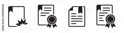 Document and certificate icons with seals award ribbons and torn edges representing official papers and achievements.