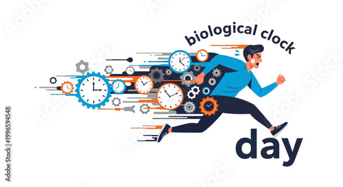 Conceptual vector graphic for Biological Clock Day features a man running forward with clocks and gears trailing behind him, all set against a clean white background with a vibrant