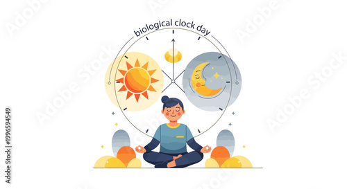 A serene vector illustration for Biological Clock Day shows a meditating figure centered between a symbolic sun and moon, representing the body's circadian rhythm against a clean white