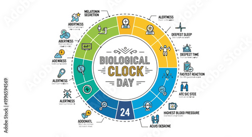 Circular infographic illustrating the Biological Clock Day concept with icons representing different activities and health indicators across a 24-hour cycle, set against a clean white
