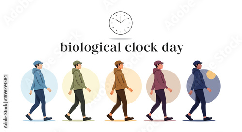 Infographic illustration showcasing the Biological Clock Day with diverse individuals walking in sync against circular backgrounds, emphasizing the circadian rhythm and the importance