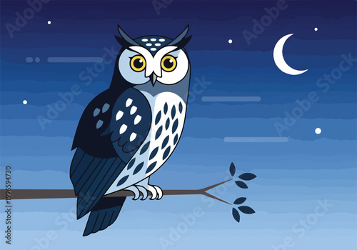 Canvastavla A cartoon owl perches on a branch under a starry night sky