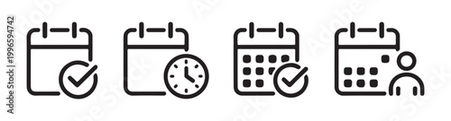 Set of calendar icons, calendar with check mark, calendar with clock, calendar with user, calendar grid.