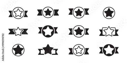 Quality award star badges collection with various ribbon designs and circular frames for recognition and success.