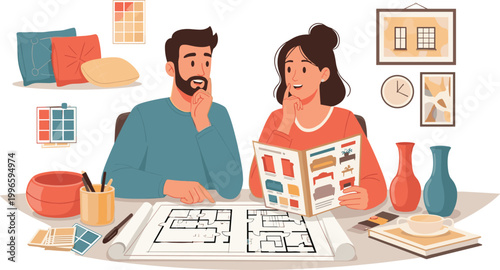 Interior Design Consultation with Couple Looking at Floor Plan, Color Palettes, and Home Décor for Home Renovation and Decoration Projects