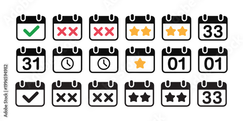 Calendar icons collection with check mark star and date for planning and important events reminders.