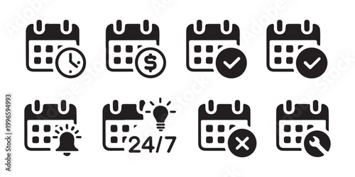 Calendar icons set for business time management currency confirmation and notifications alerts.