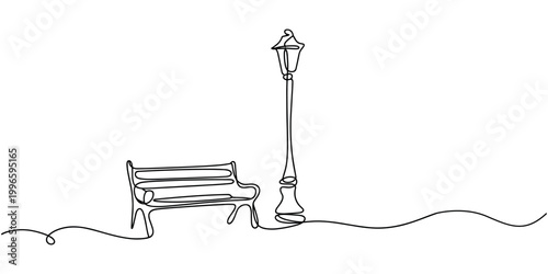 Black line of a bench and street lamp post on white line one line continuous line streetlight