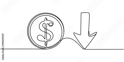 Black line of dollar coin with downward pointing arrow line black and white dollar sign downward arrow