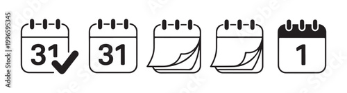 Graphic set of calendar sheet icons with different dates showing monthly schedules on transparent background.