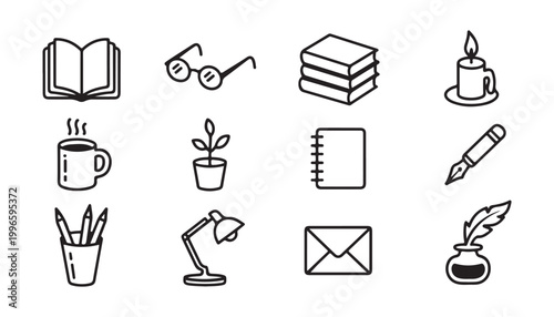 Various line icons representing educational and office supplies for learning and creativity on a checkered background.