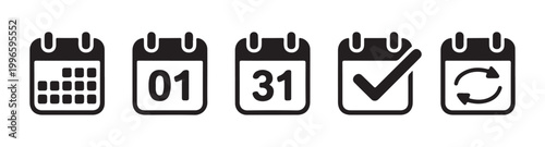 Set of calendar icons showing monthly schedule start end dates check mark and refresh cycle symbol on grid.