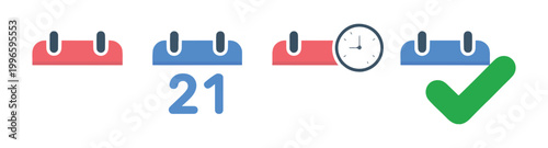 Minimalist colorful calendar elements with date number twenty one clock and green check mark vector design.
