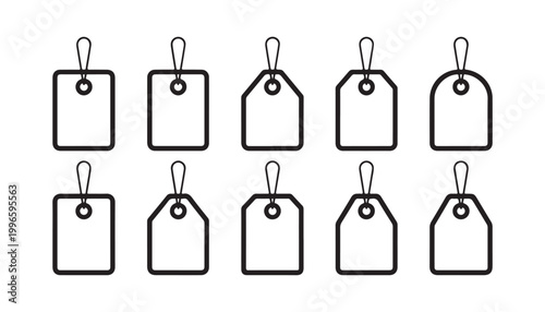 Collection of outline tags and labels for price marking, gift wrapping, and product information on transparent background.