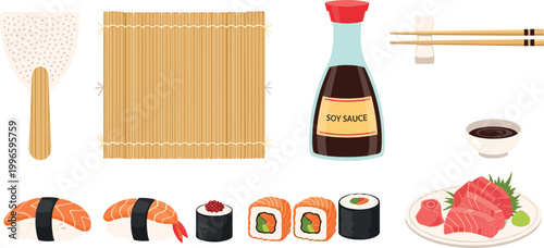 Sushi Making Set with Soy Sauce, Bamboo Mat, Sushi Rolls, Sashimi, Wasabi, and Chopsticks for Japanese Cuisine and Recipes