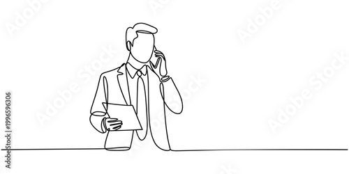 Man in business attire holding document and talking on phone suit in white background